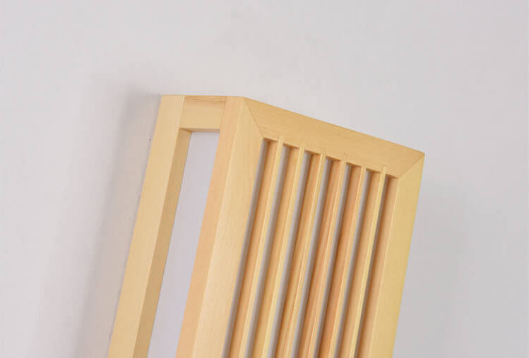 Fitlybuy ShizuLight Japanese wooden wall lamp with a slatted frame design, light wood finish, against a white wall.