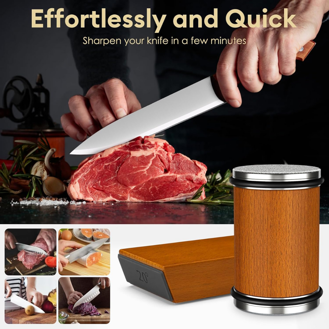 Fitlybuy wooden rolling knife sharpener with diamond-precision disc and 20-degree angle base.