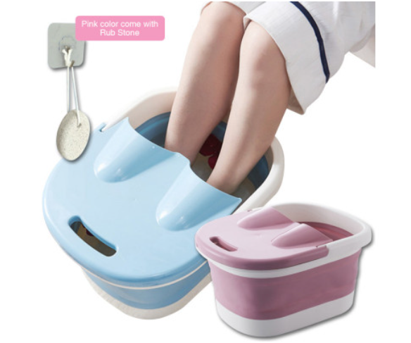 Fitlybuy foldable blue and pink foot spa buckets with heating technology, showing feet soaking and a pumice rub stone.