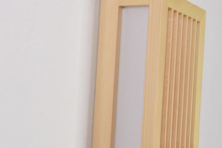 Fitlybuy ShizuLight Japanese-style wooden wall lamp with ZenGlow LED ambient lighting on a white wall.
