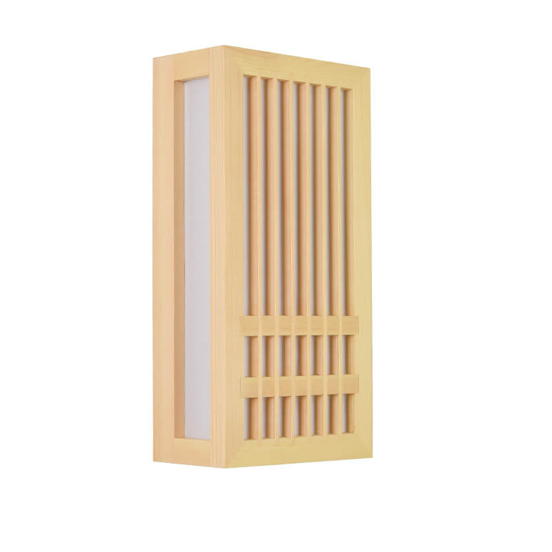 Fitlybuy ShizuLight: A rectangular, light wood Japanese-style wall lamp with a slatted wooden grille and white diffuser.