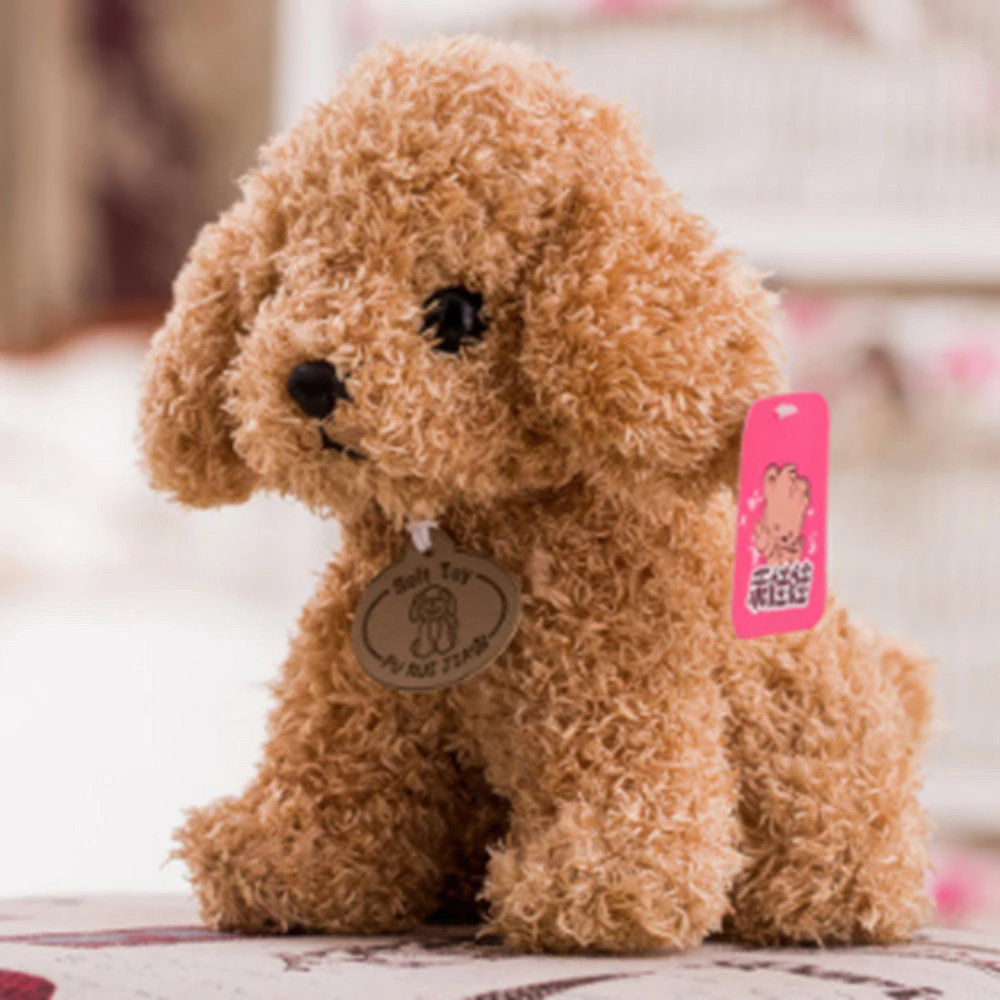 Fitlybuy plush teddy dog with curly light brown fur, a round tag around its neck, and a pink brand label attached.
