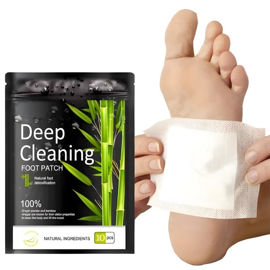 Fitlybuy Bamboo foot patch pack next to a foot with a white adhesive pad applied. Black packaging with green bamboo.