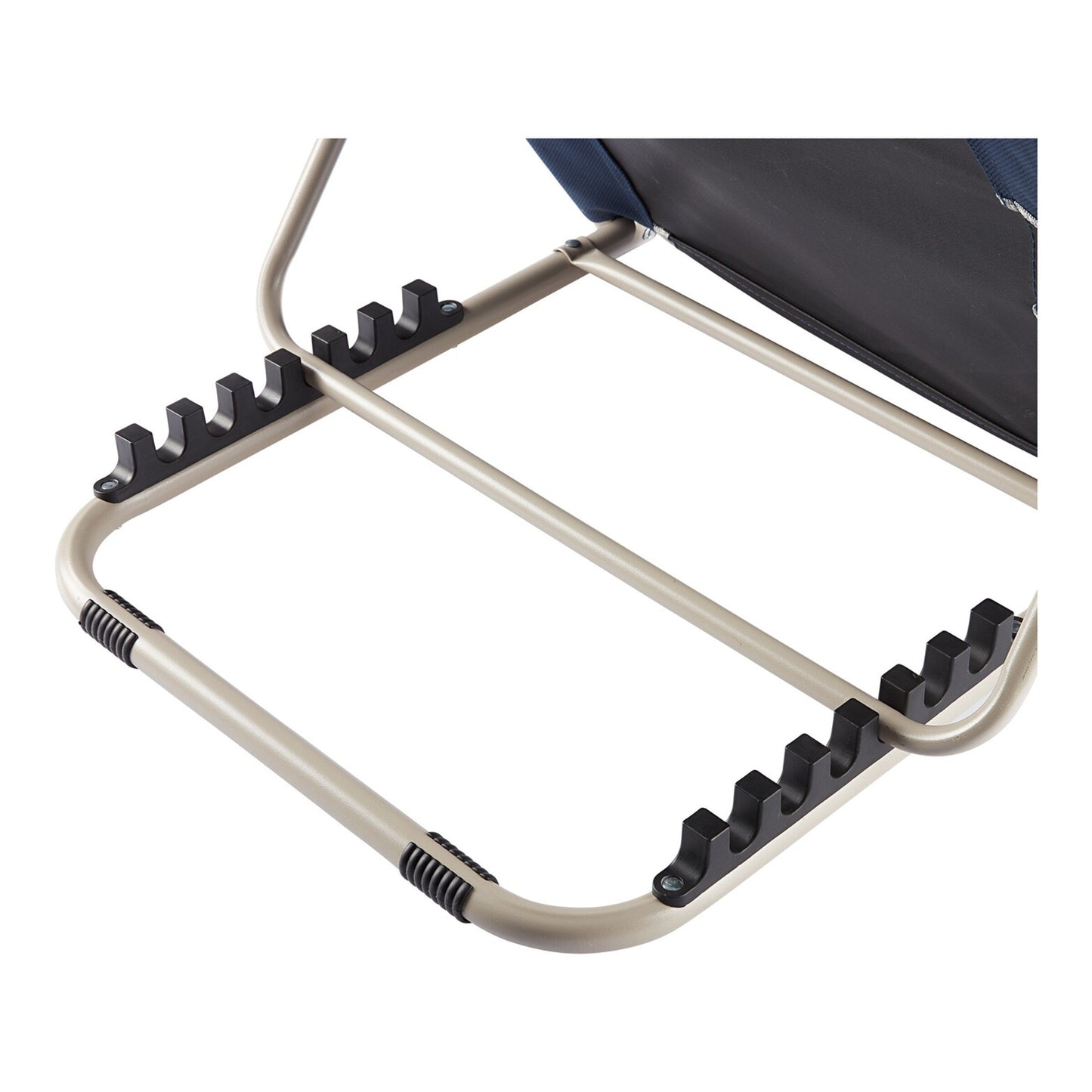 Fitlybuy LumbarLux backrest featuring a beige metal frame with adjustable black notch settings and blue fabric.