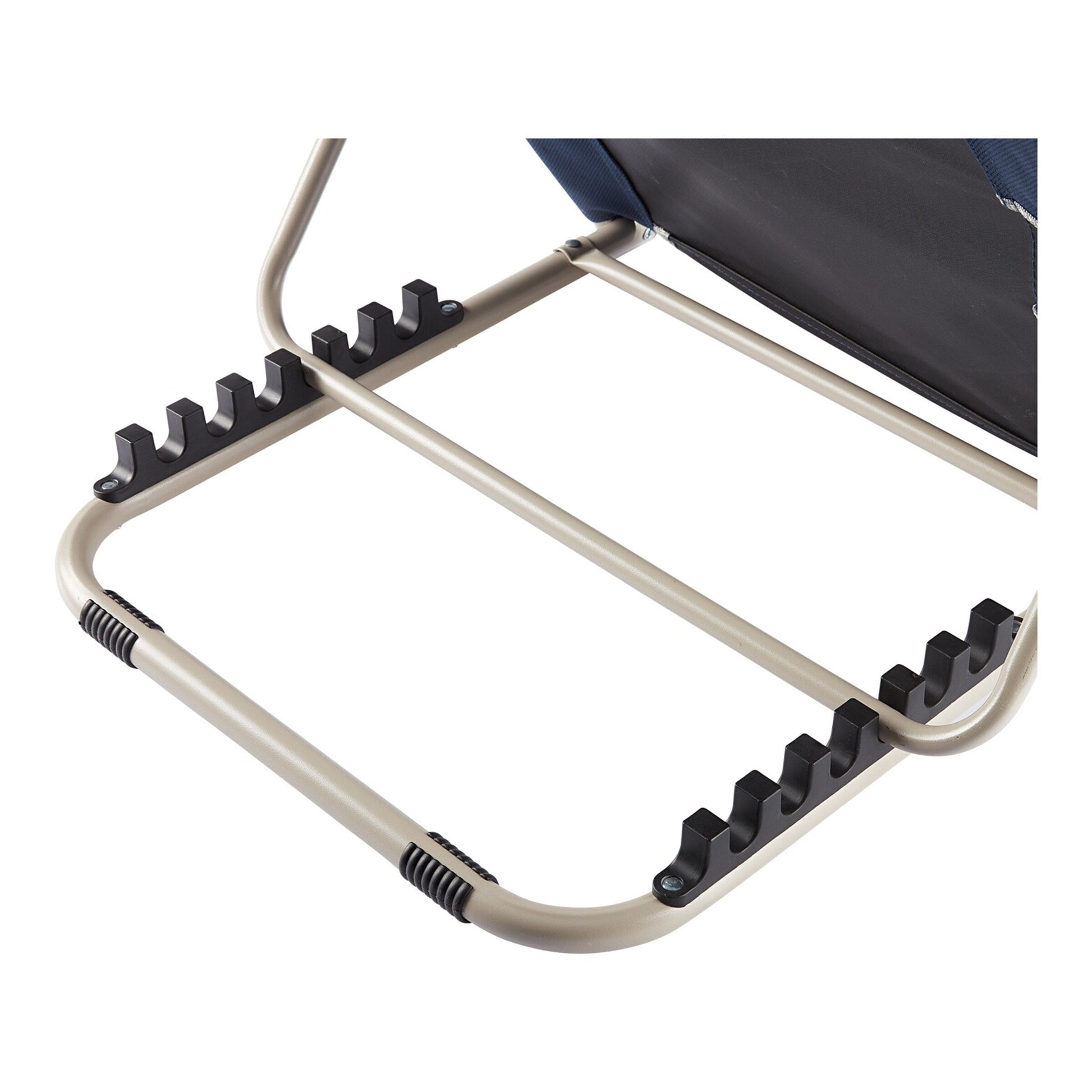 Fitlybuy LumbarLux backrest featuring a beige metal frame with adjustable black notch settings and blue fabric.