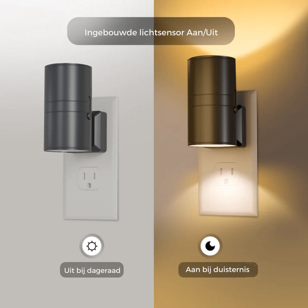 Fitlybuy Alova black LED plug-in wall light with dusk-to-dawn sensor, shown off in light and on in dark settings.