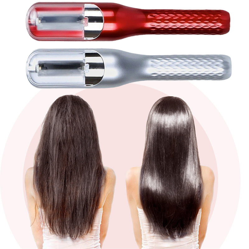 Fitlybuy automatic red and silver split-end hair trimmers shown with a before-and-after comparison of healthy hair.