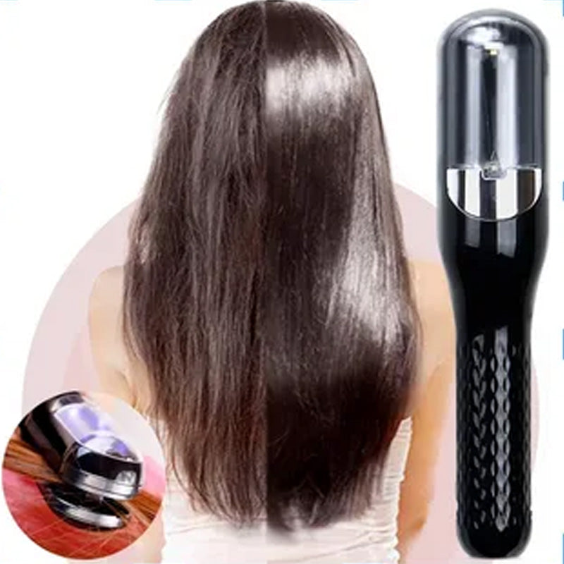 Fitlybuy automatic black split-end hair trimmer showing hair before and after treatment with precision trim technology.