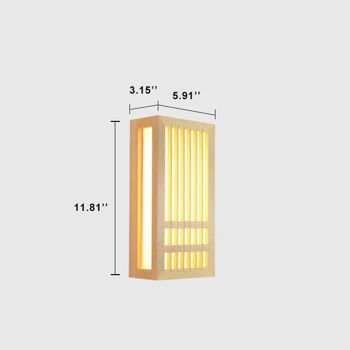 Fitlybuy ShizuLight Japanese wooden LED wall lamp with ZenGlow warm light and labeled dimensions for scale.