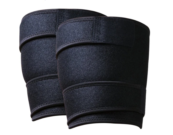 Two black Fitlybuy adjustable compression thigh braces with secure wrap straps on a plain white background.