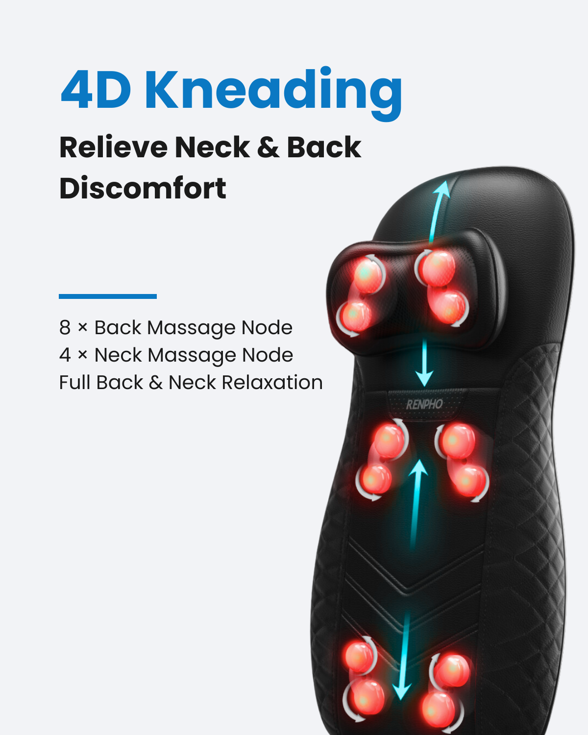 Black Shiatsu massage seat with 4 neck and 8 back 4D nodes that glow red, showing motion paths for pain relief.