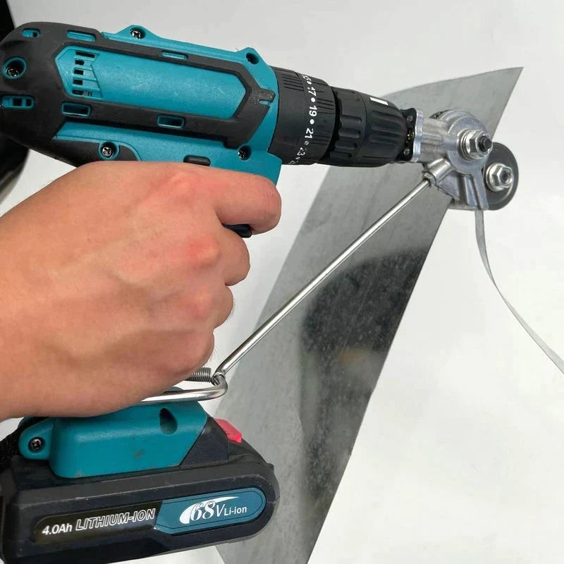 Fitlybuy electric drill plate cutter attachment in teal and black, precision cutting a metal sheet.
