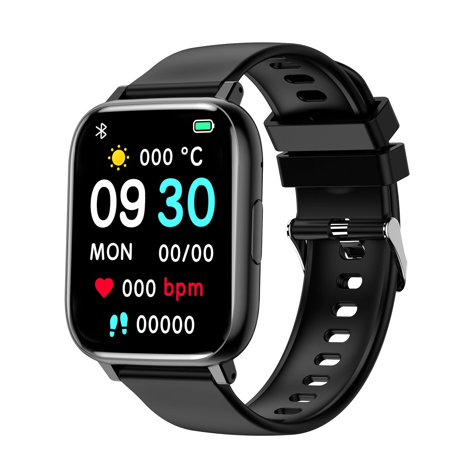 Fitlybuy Kexi-Life black smartwatch with square display showing time, heart rate, and step tracking data.