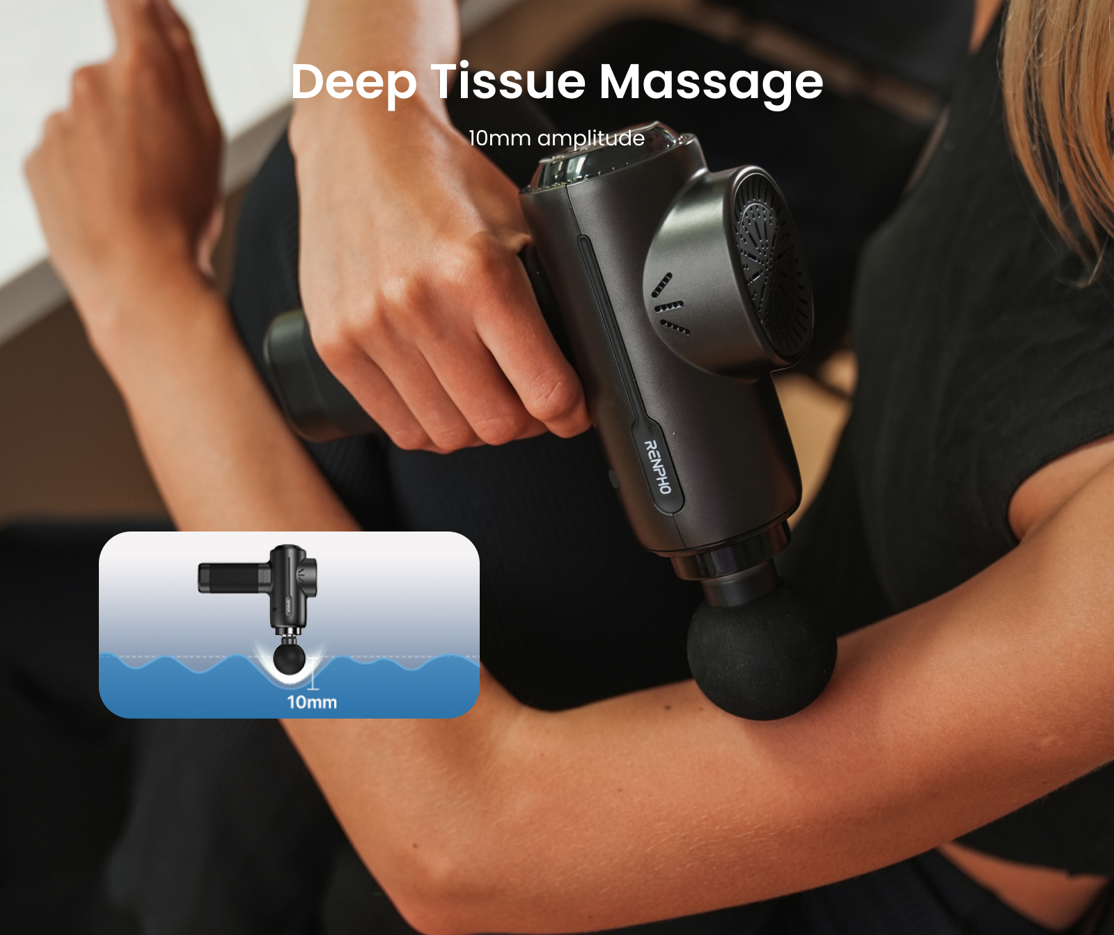 Person using a black Fitlybuy deep tissue massage gun on their arm, featuring 10mm amplitude percussion therapy.
