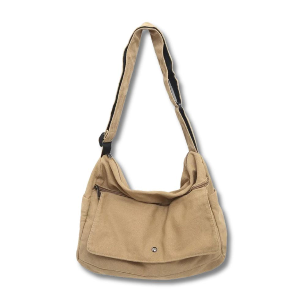 Fitlybuy tan canvas messenger sling bag with adjustable strap, front flap pocket, and zipper closure on white background.