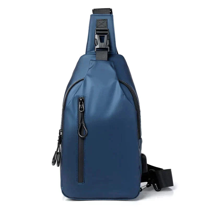 Blue Fitlybuy waterproof crossbody bag with vertical zip pocket, SecureLock buckle, and adjustable shoulder strap.