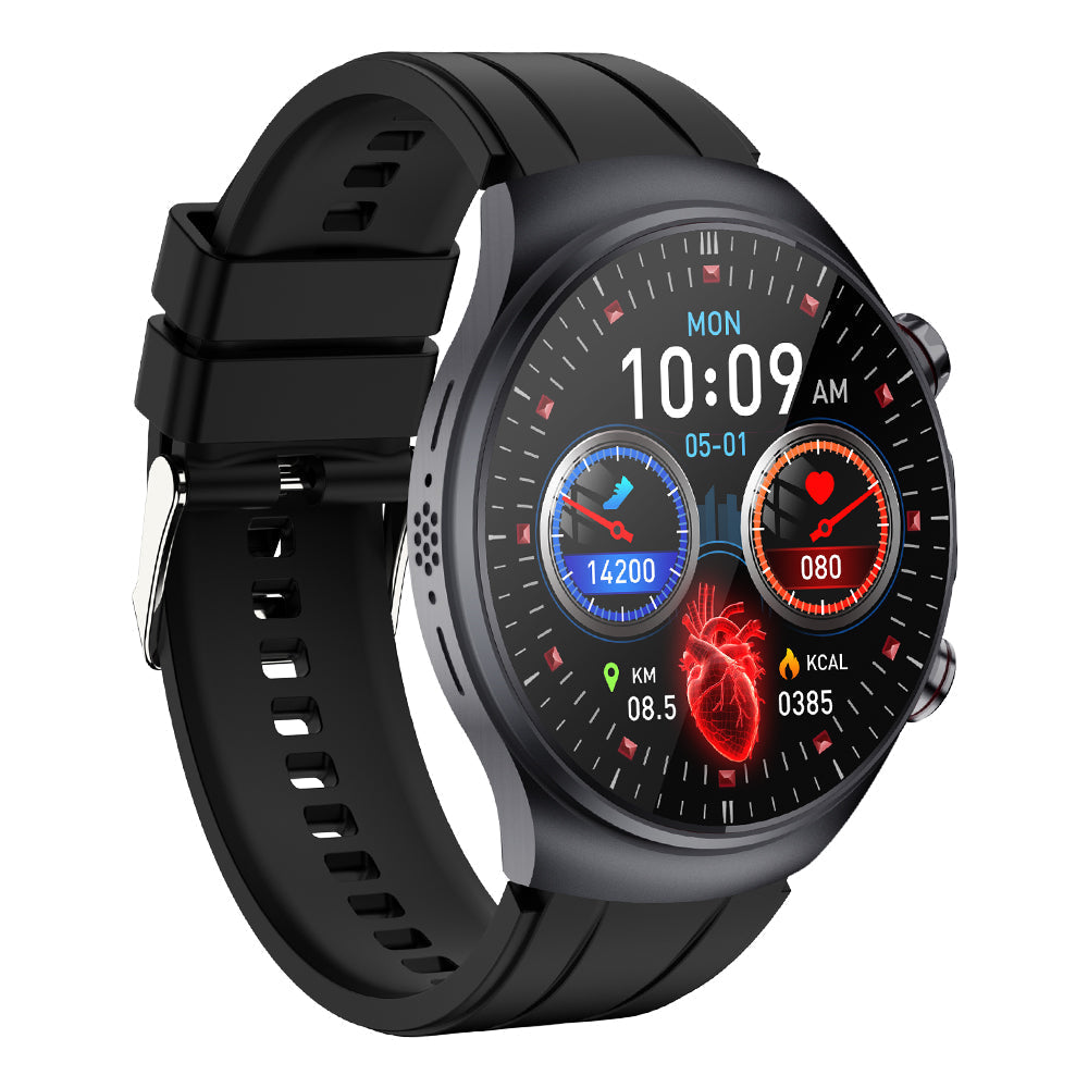 Fitlybuy Kexi-Life Pro 10 black smartwatch with a round touchscreen displaying heart rate, steps, and calories burned.
