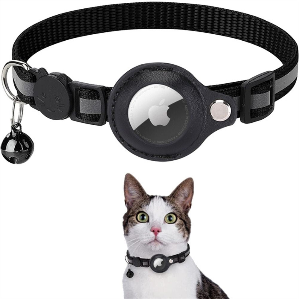 Black reflective cat collar with AirTag holder, safety release buckle, bell, and a cat wearing it.