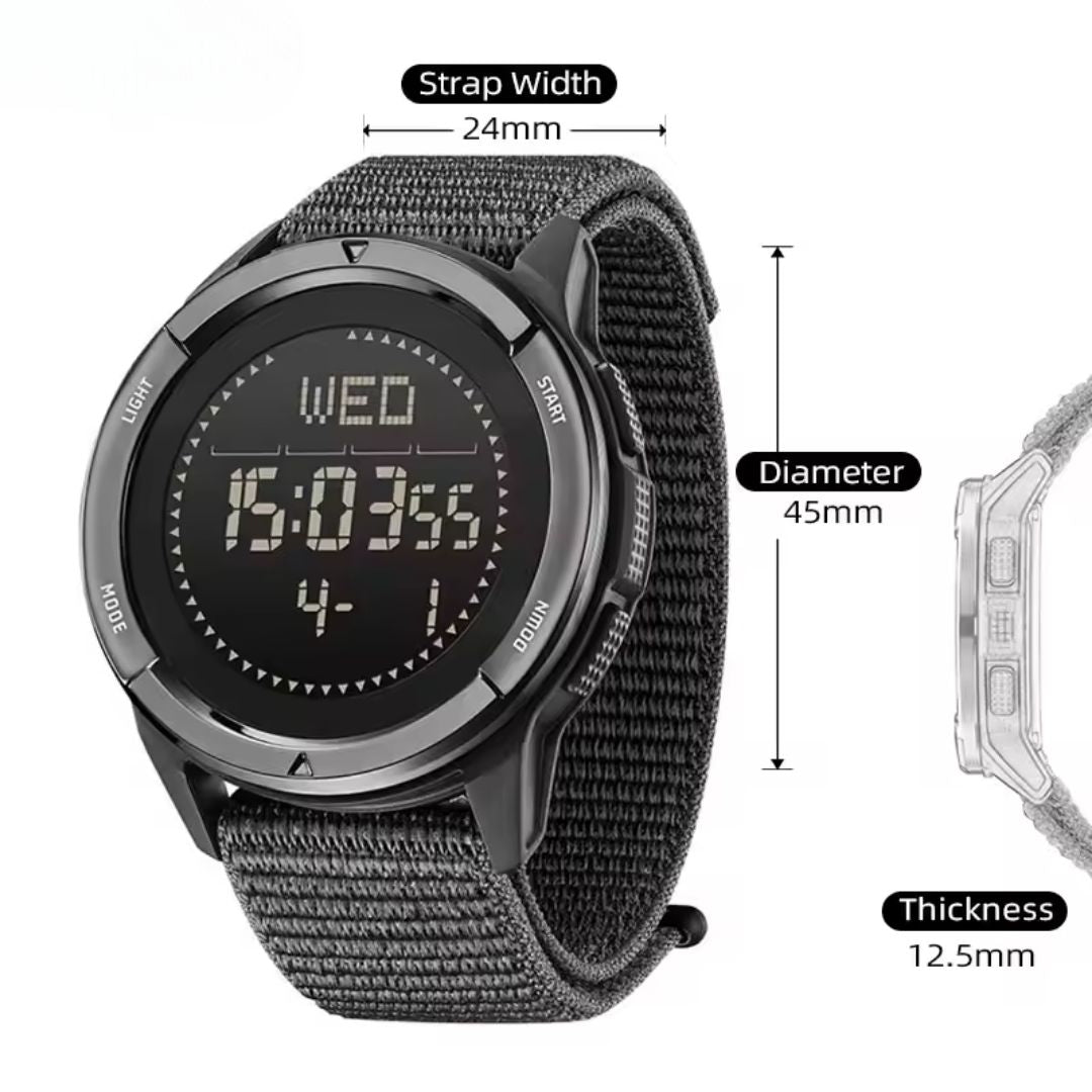 Fitlybuy carbon fiber outdoor watch in black with digital display, nylon strap, and labeled dimensions for scale.