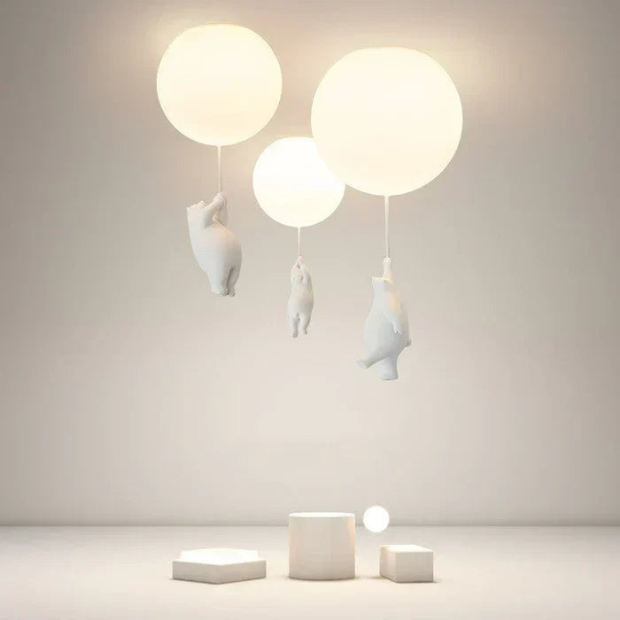Fitlybuy CloudBear kids' ceiling light: three white bear pendants hanging from glowing LED balloon-style globes.