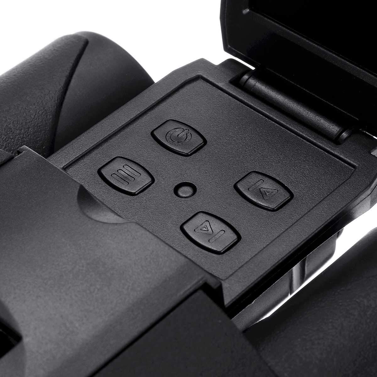 Close-up of black Fitlybuy digital binoculars showing navigation buttons and power control on the top display panel.
