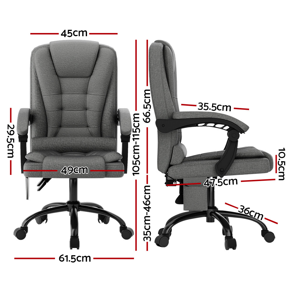Grey Fitlybuy ergonomic 2-point massage office chair with labeled dimensions shown from front and side views.