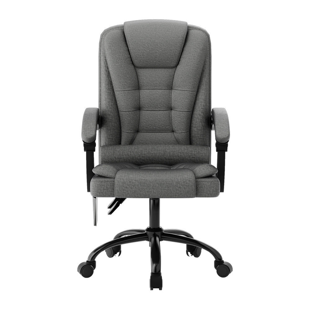 Fitlybuy ergonomic grey fabric office chair with 2-point massage, padded armrests, and a black wheeled base.