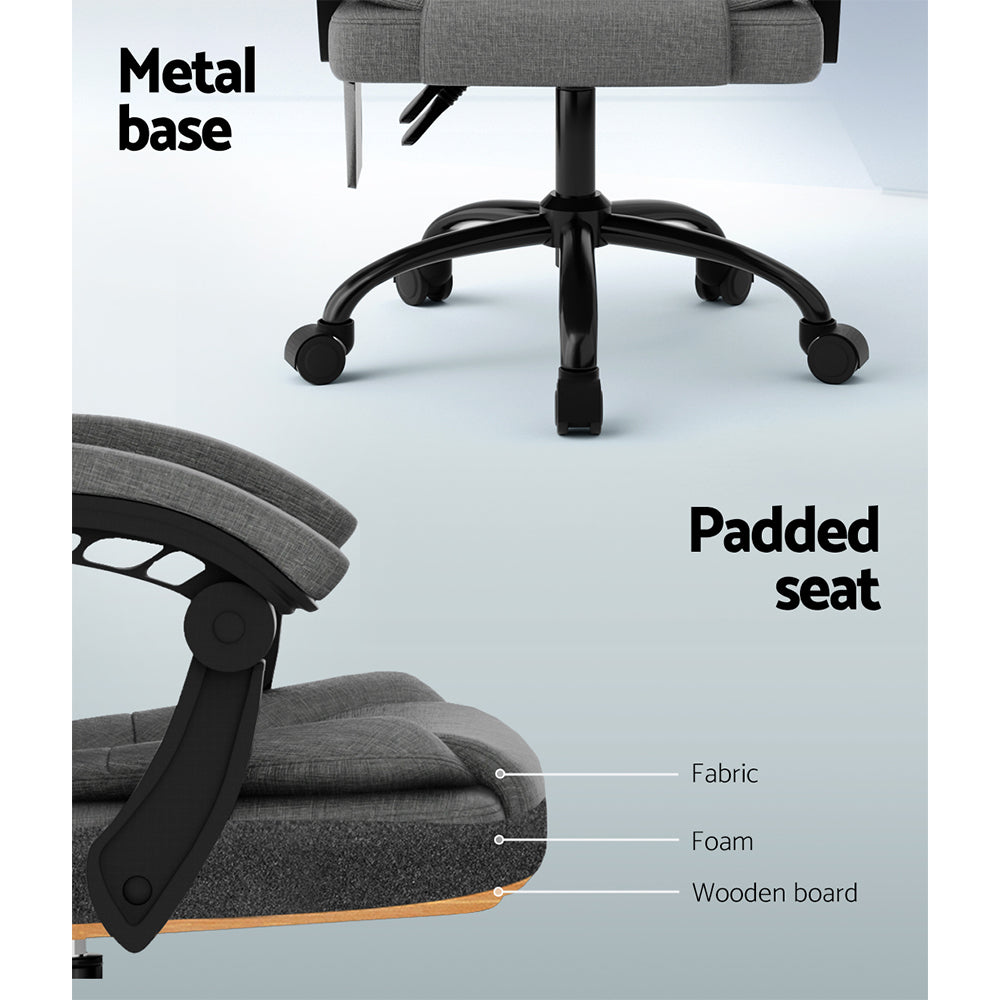 Fitlybuy grey fabric massage office chair with padded seat, foam layers, and a black five-wheel metal base.