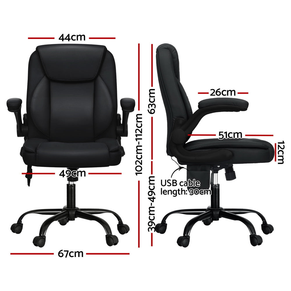 Fitlybuy black ergonomic office massage chair shown from front and side with dimension labels and USB cable.