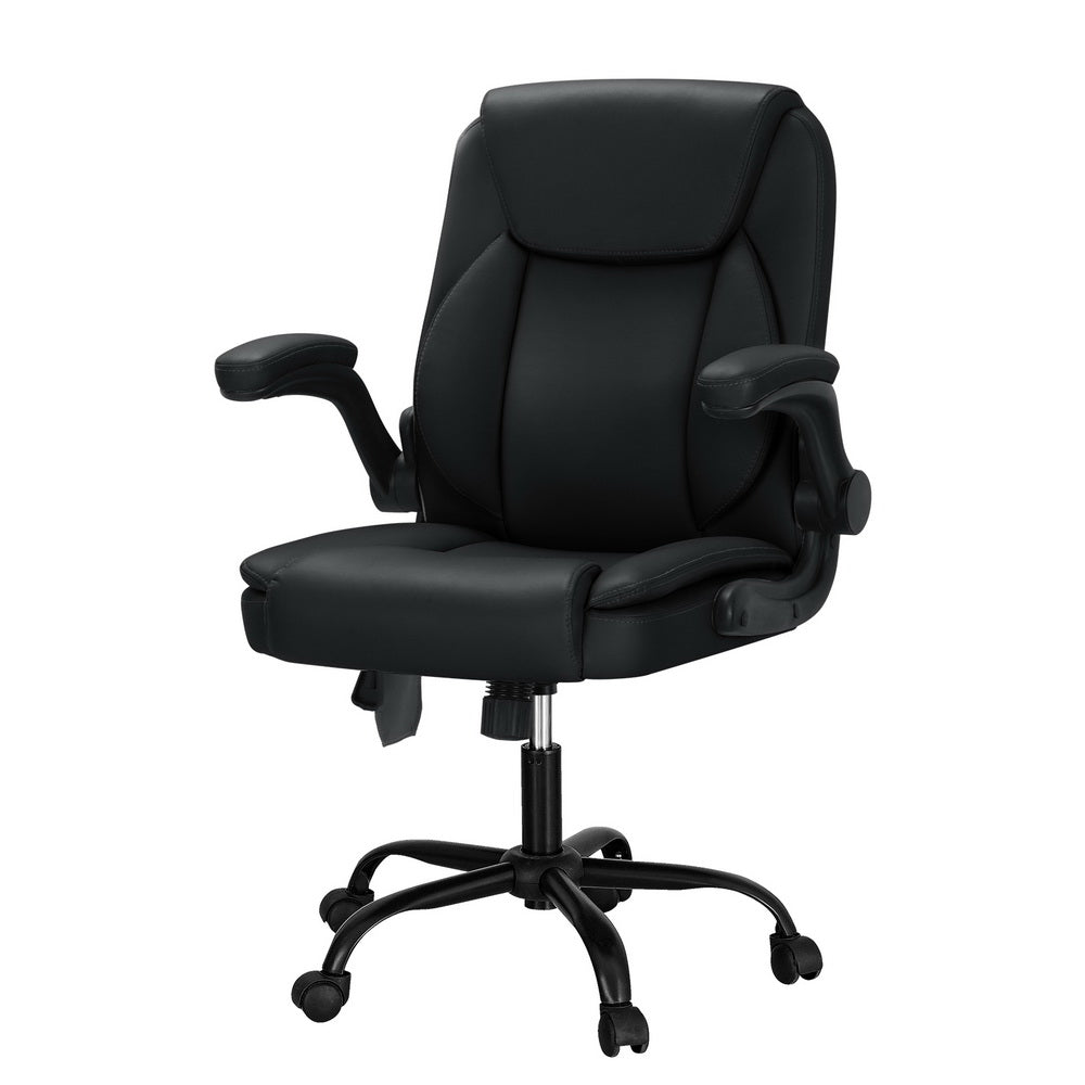 Fitlybuy black ergonomic office chair with massage function, flip-up armrests, and a swivel base with rolling wheels.