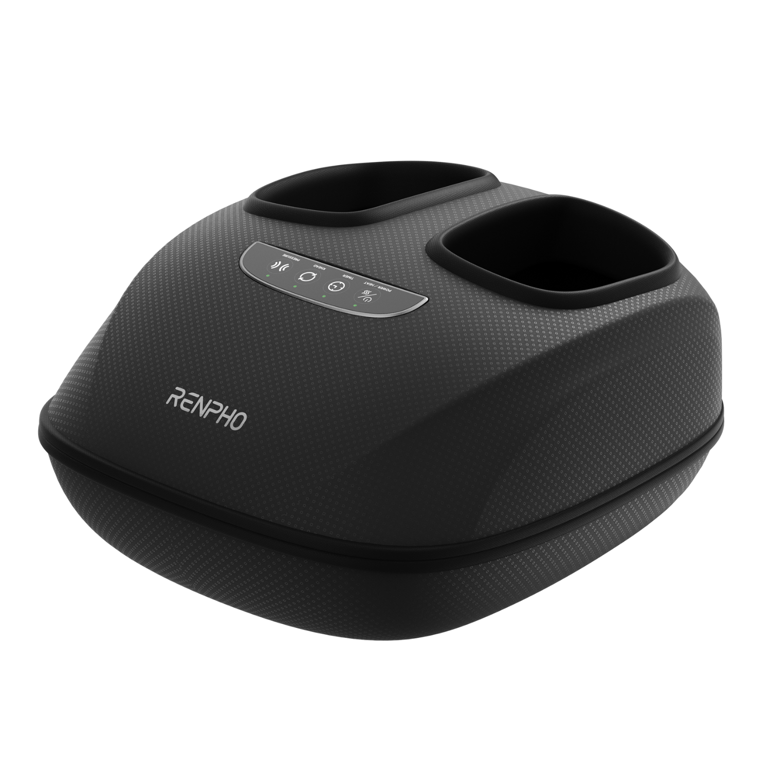 Black RENPHO foot massager with top control panel, textured finish, and two foot slots against a white background.