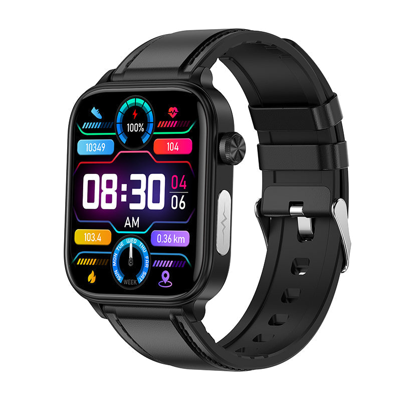 Fitlybuy Kexi-Life Pro 6 smartwatch with black band, square screen, and health monitoring display on white background.