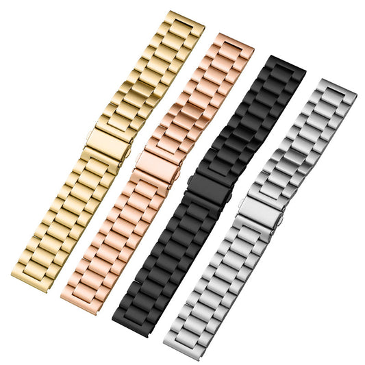 Four Fitlybuy stainless steel watch straps in gold, rose gold, black, and silver with quick-release clasps.