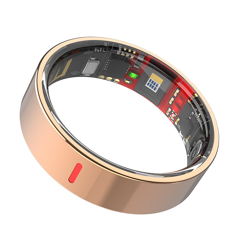 Rose gold Fitlybuy Kexi-Life R03 smart ring with a transparent interior showing biometric sensors and circuitry.