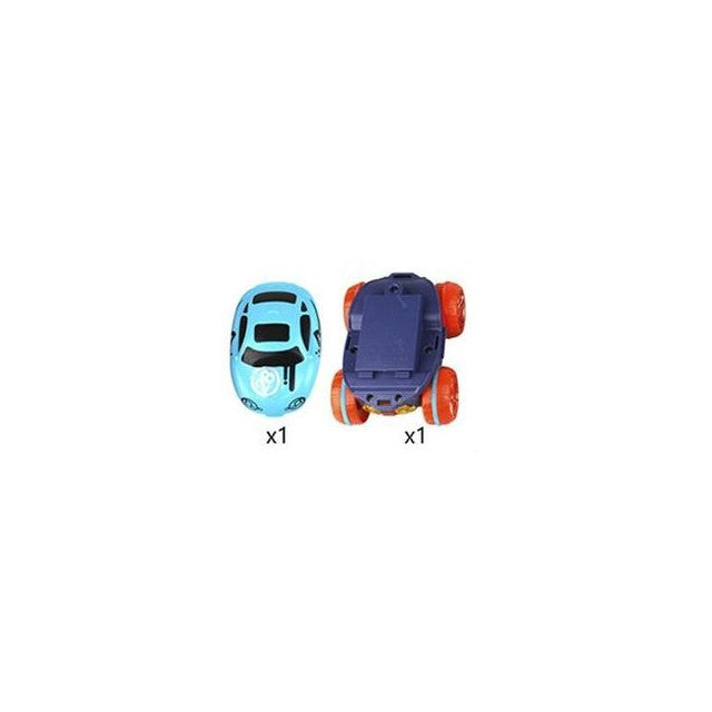 Fitlybuy MagniTrack light blue car toy with orange wheels shown from top and bottom views against a white background.