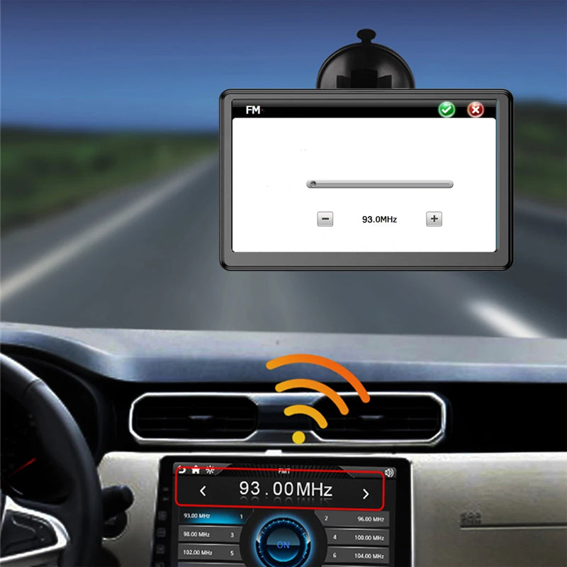 Fitlybuy 7-inch truck GPS mounted on windshield, displaying FM transmitter settings in a vehicle interior.