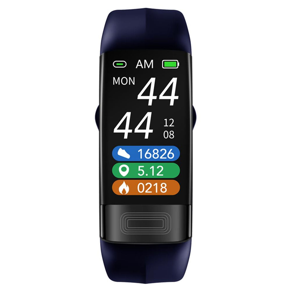 Fitlybuy P11 smart bracelet with a dark blue strap and vertical screen displaying time, steps, distance, and calories.