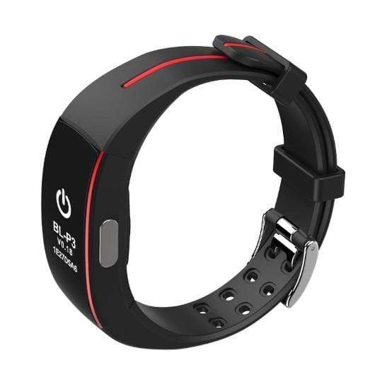 Fitlybuy black smartwatch with red accents, showing power icon and digital display on a silicone band with a metal buckle.