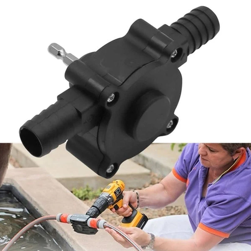 Black Fitlybuy self-priming transfer pump attached to a power drill to pump water from an outdoor pond.