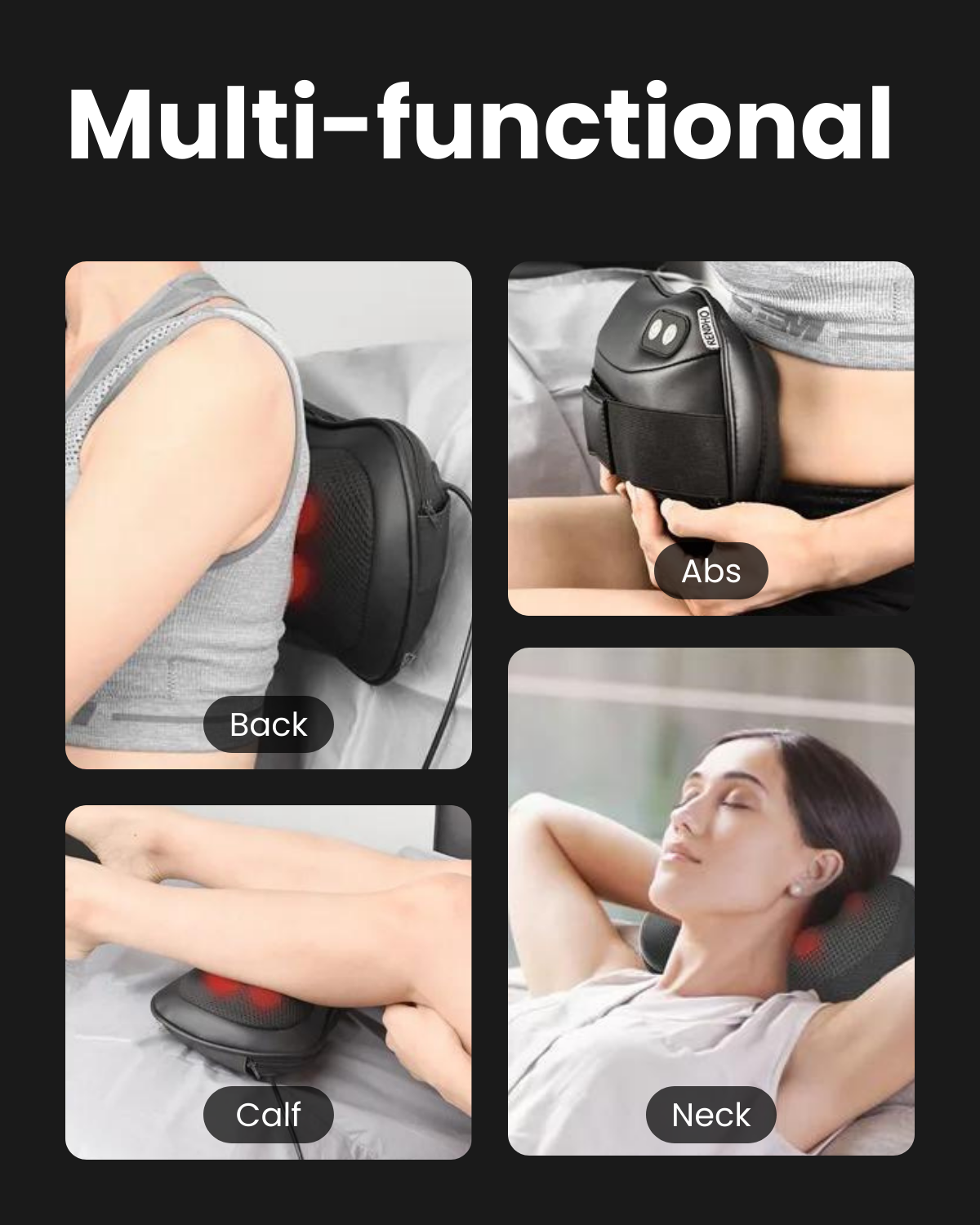 Black Fitlybuy RelaxMax massage pillow with red heat therapy, shown massaging neck, back, abs, and calves.