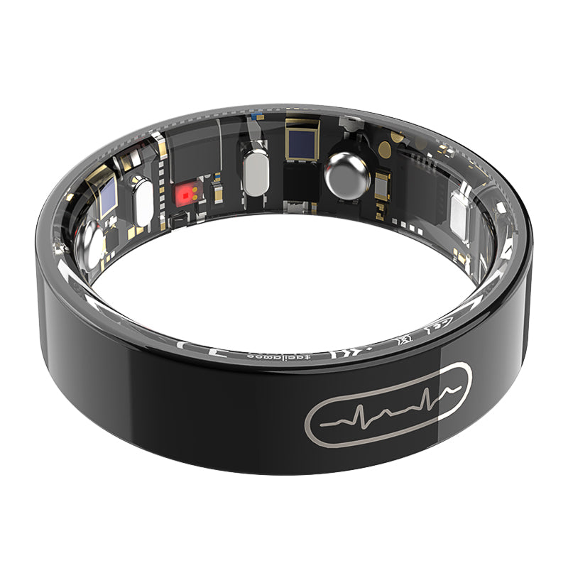 Black Kexi-Life smart ring showing inner electronic sensors for health monitoring and an EKG heart trace symbol.