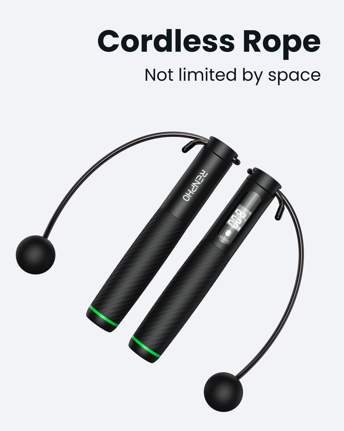 Black cordless smart jump rope with digital display, textured handles, and weighted balls for space-saving exercise.