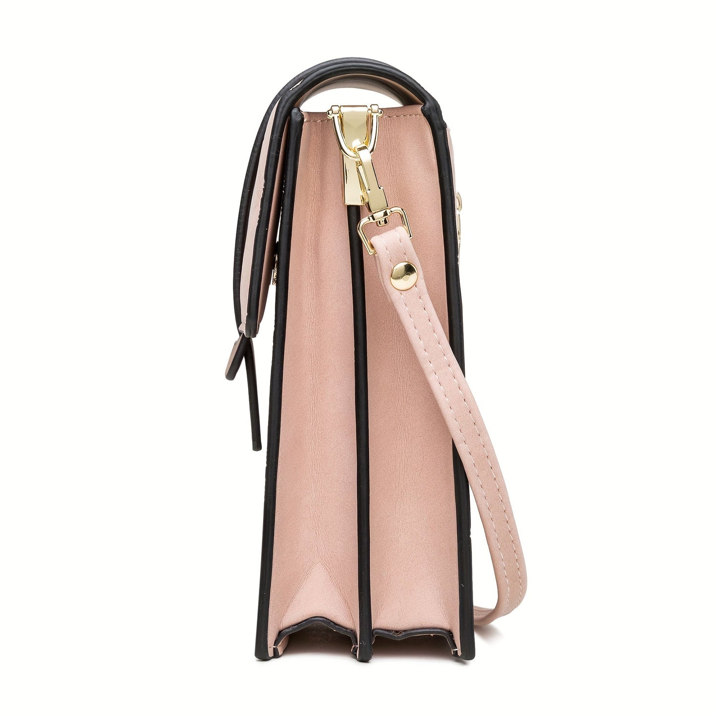 Side view of a blush pink Fitlybuy Lily anti-theft crossbody bag with black trim and gold hardware against white.
