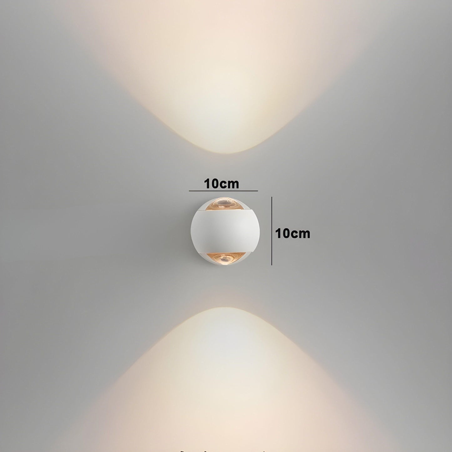 Fitlybuy ModernEdge white 10x10cm round wall light with EcoBright LED casting upward and downward warm beams.