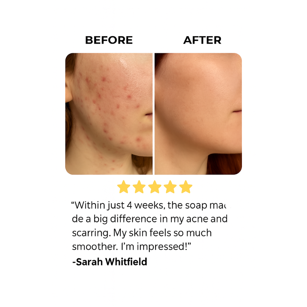 Before and after photos of skin showing acne reduction from Fitlybuy Lemon Turmeric & Kojic-Acid Brightening Soap.