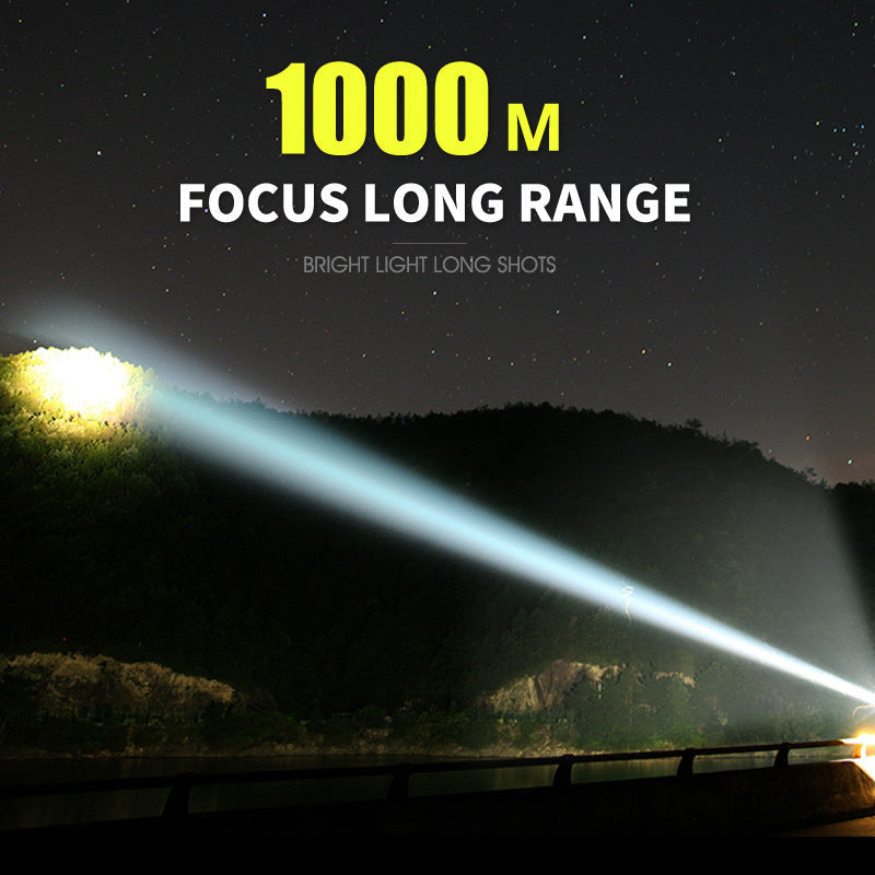 Fitlybuy high-power LED flashlight casting a bright, long-range beam across a night landscape at a distant hillside.