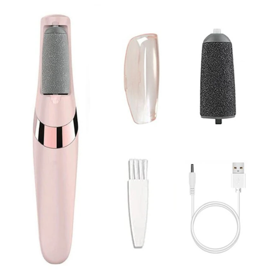 Fitlybuy rose gold electric foot grinder with grinding head, protective cover, cleaning brush, and USB charging cable.