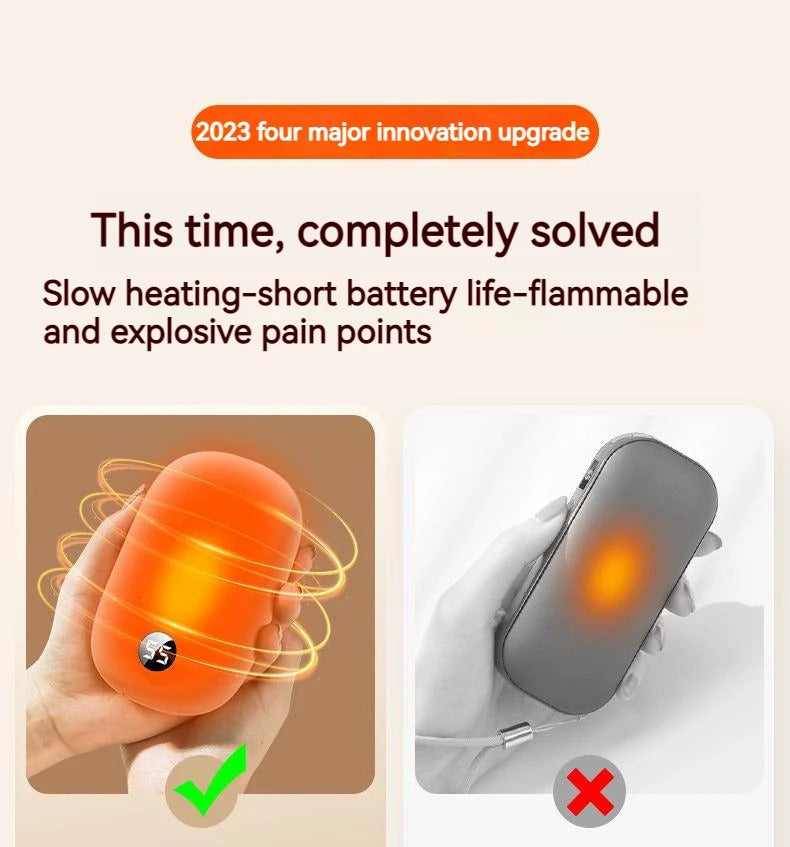 Fitlybuy 2-in-1 orange hand warmer and power bank with digital display shown with heat rings vs a grey older model.