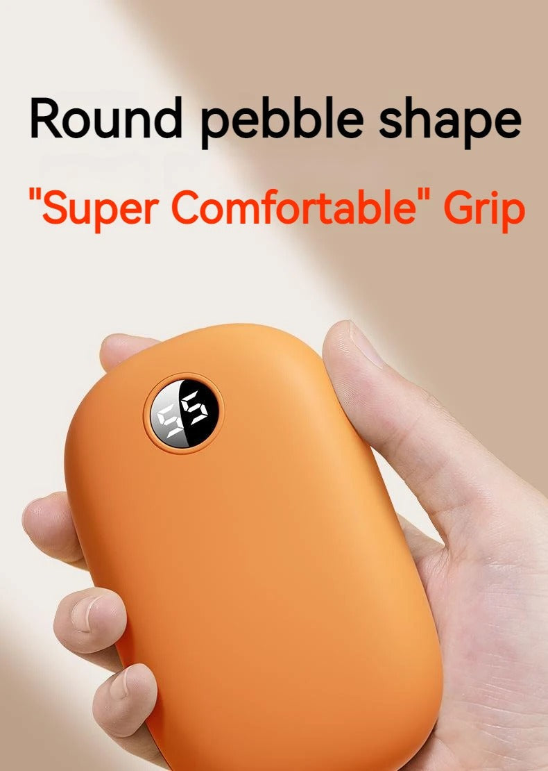 Fitlybuy orange 2-in-1 hand warmer and power bank with a pebble-shaped design and digital temperature display.