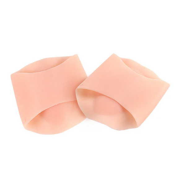 Two beige, silicone Fitlybuy foot arch support bands for flat feet with ComfortFlex cushioning, isolated on white.